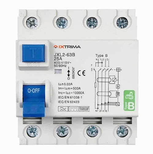 IXTRIMA Interruttore Differenziale Puro Magnetotermico 4P 25A 30mA CURVA B 6KA AC/DC 380V 30mA CURVA B per Guida DIN - 4 Moduli DIN - Protezione Circuiti e Sicurezza Impianti