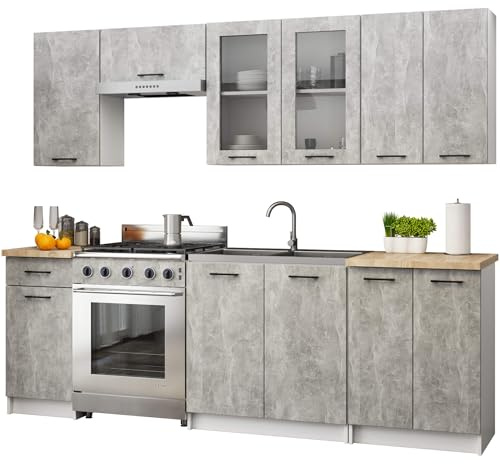 AKORD Küchenmöbel-Set OLIWIA 2.4m H720 Modulares 240 cm 11 Türen 1 Schublade, Küche Komplett, Kitchen Cabinet Set, Küchenschränke, Standschränke, B240xH203xT46 cm, Weiß & Beton