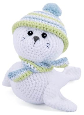 Gründl Häkelset Kuscheltier, Giraffe Gina, Esel Eddy, Robbe Robby oder Tiger Timmy, 14-18 cm, Komplettes Bastelset mit Anleitung (Robbe Robby)