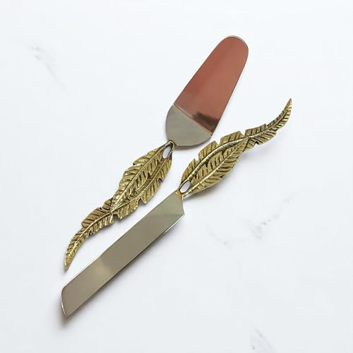 Morcomart Brass Feather Cake Knife and Server Set – Handmade Luxury Design | Stainless Steel Blade | Elegant Wedding, Party & Gift Set Vintage Dessert Cutter