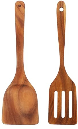 Pfannenwender Holz, Küchenutensilien Holz 2 Teiliges, Pfannenwender Set mit Holzspatel und Schlitzspatel, Küchenutensilien aus Olivenholz, Robust und Kratzfest Küchenhelfer Set Küchenzubehör