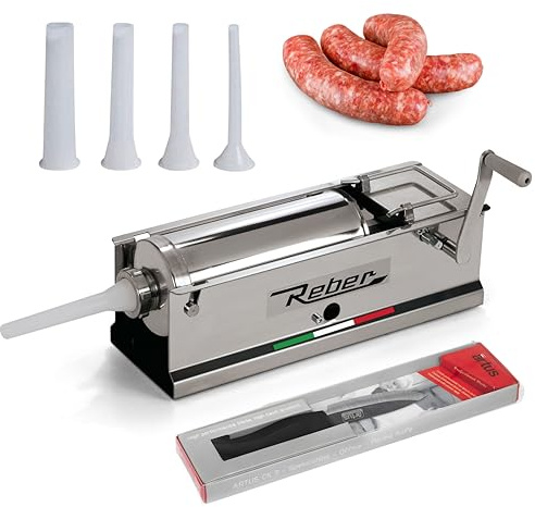 Reber Insaccatrice Manuale per Salsicce 5L/5KGS Orizzontale con 2 Velocità | Uso Domestico e Professionale - Struttura Robusta Acciaio INOX - Spelucchino cm. 7,5 e 4 Imbuti Inclusi