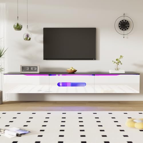 Generisch Meuble TV noir et blanc, 180 cm de long, surface brillante, avec éclairage LED multicolore à 16 couleurs, pouvant être monté au mur