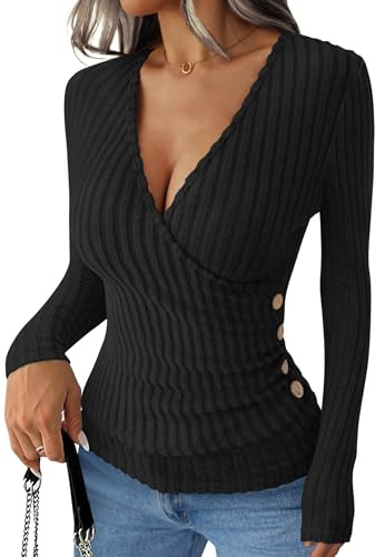 Awinclo Long Sleeve Shirts for Women Sexy Sweater V Neck Ribbed Knit Jumper Slim Fit Wrap Top 2025 Fall Casual Fashion Clothes Black Medium