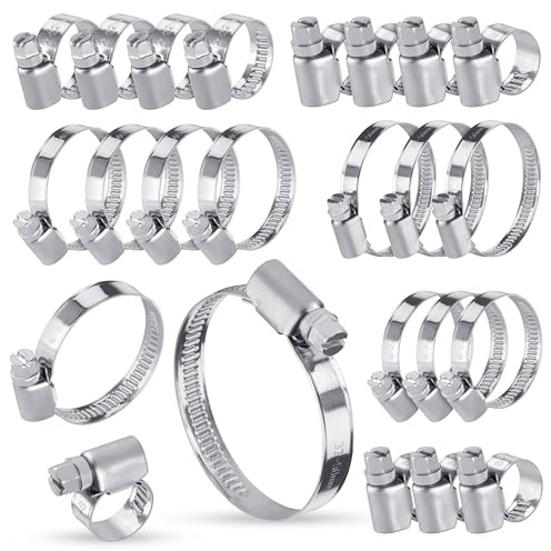 Poppstar 24 rostfria slangklämmor i 6 olika storlekar 8 mm till 50 mm (4 st per storlek), med bandbredd 9mm, W4-kvalitet