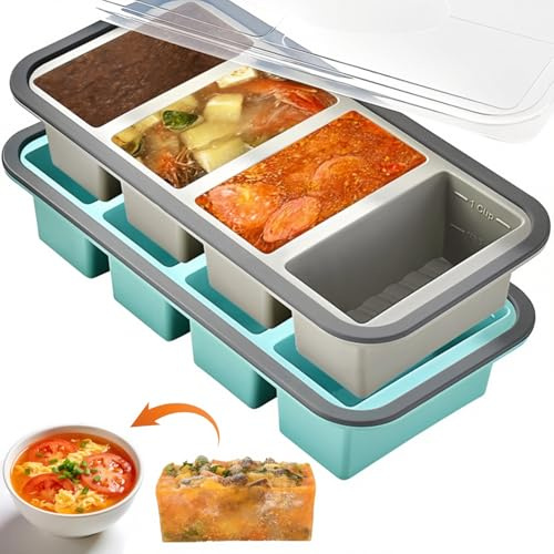 2 Pack Silicone Soup Freezer Containers, Soup Portion Freezer Moulds, Ice Trays for Freezer, Ice Cube Tray for Storing 250mL/125mL Broth, Soup, Leftovers, Sauce, Makes 8 1-Cup Portions Cubes