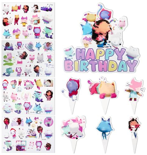 Cartoon Tortendeko mit 24 Stück Cupcake Topper, 1 Stück Happy Birthday Kuchendecko und 4 Blätter Temporäre Tattoos, Anime Kuchen Deko für Junge Mädchen Kinder Geburtstag Party Dekoration Supplies