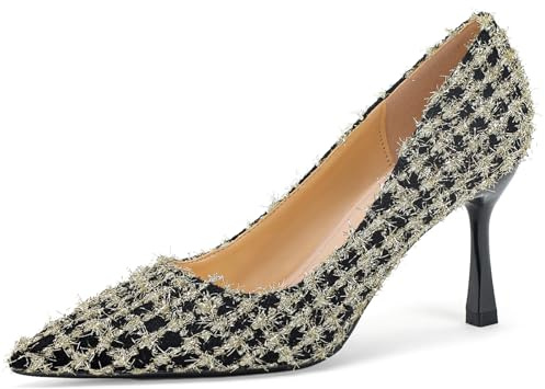 Tweed spetsiga pumpar rutiga grund stilettfransar klackar kontor fest vintage stil för pendling, Champagne, 39.5 EU