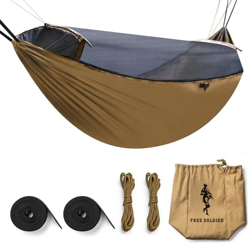Free Soldier Camping Taktische Hängematte Tarp Kit-2 Person leichte wasserdichte tragbare Schaukel mit Moskitonetz Regen fliegen Zelt Plane 2X hängende Bänder für Wandern(Braun, 282cm*103cm)