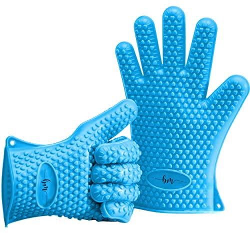 Belmalia 2 Silicone Oven Mitts for Kitchen, BBQ Gloves, Set, Pair, Pot Holders, Oven Gloves Heat Resistant Blue
