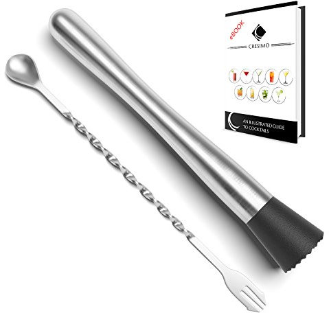 25cm Muddler & Bar Spoon, Stainless Steel Cocktail Muddler & Mixing Cocktail Spoon Set with Cocktail Recipes eBook - Pestle Muddler/Bar Spoon/Cocktail Making Set & Home Bar Accessories - Cresimo