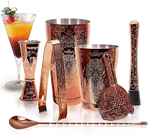 SKY FISH Set di Shaker Per Cocktail - Kit Barman Per Cocktail in Rame Inciso in Confezione Regalo Da 7, lavaggio a Mano.