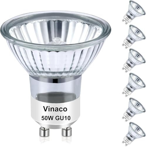 Vinaco GU10 Halogen 50W Halogen Leuchtmittel, 6er-Pack Lang Anhaltend GU10 C 230V 50W Halogenlampen, GU 10 Dimmbar Warmweiß 2800K, Hohe Helligkeit GU 10 Halogenlampen 50 Watt für Einbauspurbeleuchtung