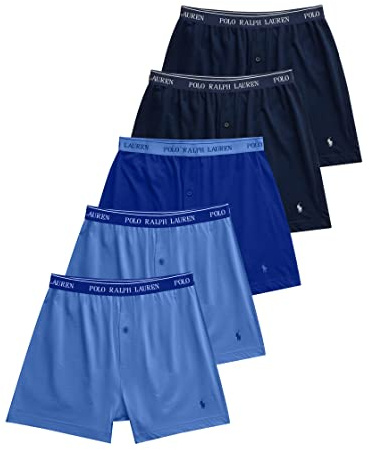 POLO RALPH LAUREN Classic Fit Cotton Knit Boxer 5 Pack 2 Cruise Navy/Rugby Royal/2 Aerial Blue MD