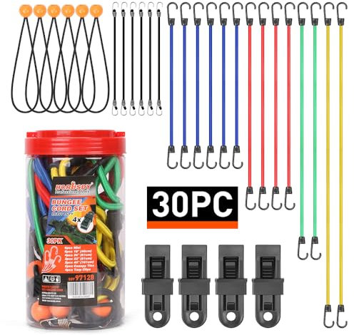 HORUSDY 30-Piece Premium Bungee Cords Assortment Jar, Includes 10”,18”,24”,32”,40” Bungee Cords, 8”Canopy/Tarp Ball Ties and Crocodile Mouth Tarp Clips
