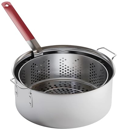 Gas One Aluminum Cooking Pot Deep Fryer with Basket – 10QT Aluminum Fry Pot with Easy Grip Handle – Durable Food Grade Outdoor Fryer with Perforated Strainer Basket – Ideal for Seafood, Chicken