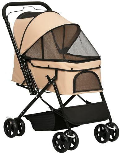PawHut Hundebuggy für Kleine Hunde und Katzen Braun 76,5 x 52 x 95 cm | Hundewagen, Buggy, Haustierwagen, Pet Stroller, Katzenbuggy, Oxford
