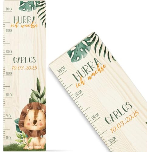 GRAVURZEILE Messlatte für Kinder aus Holz - Tiergruppe Safari - mit Namen für Kinderzimmer - Skala misst 80-140 cm - Größe 20 x 70 x 2 cm - Geschenk zur Geburt für Mädchen & Jungen - Löwe