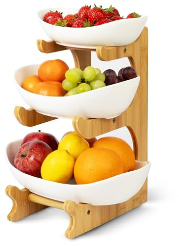 HEFTMAN 3 Tier Fruit Bowl Stand - 3 Sizes Ceramic Fruit Bowl and Bamboo Stand Keeps Fruit & Veg Fresh, Large Capacity Fruit Baskets for Kitchens, Parties, Weddings, Snacks, Dessert