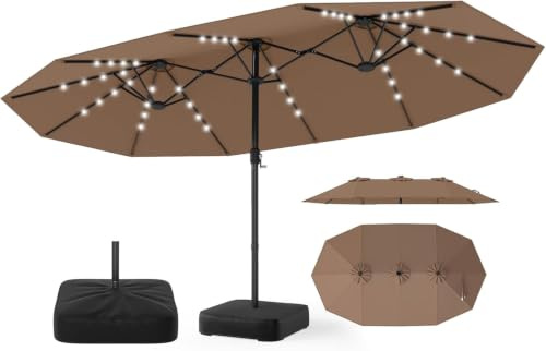 RELAX4LIFE Doppelsonnenschirm mit Ständer & LED-Solar-Beleuchtung, 450 x 260 cm, extra großer Sonnenschirm, UPF 50+, Gartenschirm mit Kurbel, Marktschirm Sonnenschutz für Garten & Terrasse (Braun)