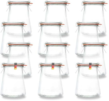 BAUER Flaschenbauer - Lot de 12 bocaux trapézoïdaux de 280 ml - Convient comme bocal de conservation et de fermentation - Pour le rangement, à remplir - Verres vides avec étrier métallique - Fabriqué
