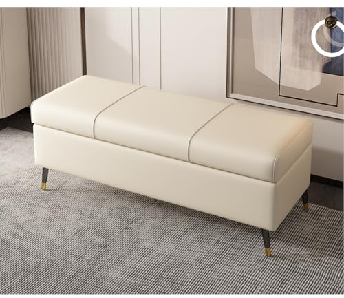 Ottomane Bank mit Kunstlederkissen, Eingangsmöbel für Wohnzimmer, Bettbank mit Stauraum, rechteckige Aufbewahrungstruhe, extra lang, Ottomane, Beige, 90 cm