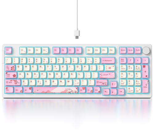 Fogruaden Pink Creamy Mechanical Keyboard with Number Pad, Hot Swappable RGB Gaming Keyboard, 98 Key Full Layout, Custom Gasket Mount, Red Switch, NKRO for Win/Mac