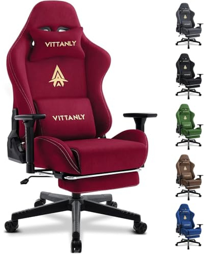 Vittanly Gamingstol, lyxig mockaimitation, spelstol, kontorsstol, ergonomisk skrivbordsstol med fotstöd, nackstöd och ländryggskudde, 3D-armstöd, 90–155° ryggstöd, vinröd