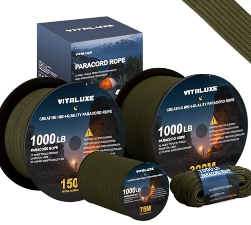 VITALUXE Paracord 1000lb(453kg), 12 Kern-Stränge, 4mm Fallschirmschnur, Tactical Parachute Cord (30/75/150/300m) Survival Gear für Camping, Outdoor, Wandern, Type III, 150m, Armee Grün
