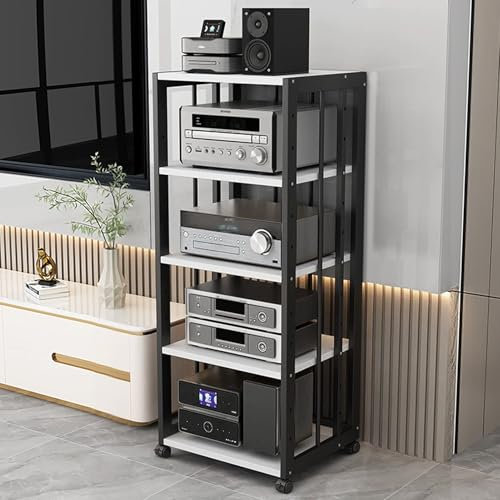 JIAOCKJIAO Audio Rack Hi Fi Regal, Beweglicher Phonoschrank, Record Player Stand mit Verstellbaren Regalen, Offener Plattenspieler Regal, mit Universalrad, Stahlrahmen(Black+White,5 Tier 50x40x109cm)