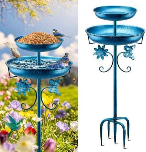 Mngren Vogeltränke Stehend,Vogelbad für Draußen Garten,2 In 1 Metall Vogelbecken Schüssel Wassertränke für Vögel, Antike Vogeltränke Winterfest Futter Wasserschale (Blau)