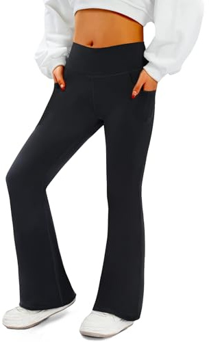 BIOECEUA Hose mit weitem Bein für Kinder und Mädchen, Stretch, schmale Passform, ausgestellte Leggings mit Taschen, hohe Taille, Glockenunterteil, Bootcut-Yogahose für Tanz, Freizeit, Workout, Schwarz