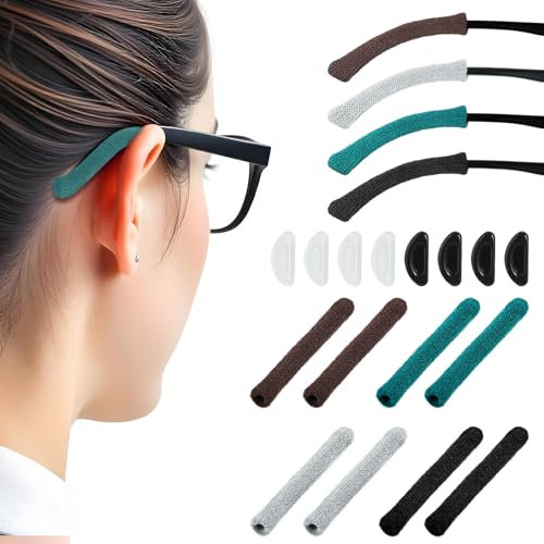 Classicseali 8Pairs Ear Cushions for Glasses,Glasses Ear Cushions,Soft Knitting Cotton Eyeglass Arm Cushion,Anti-Slip Eyeglasses Temple Tips Sleeve with 8 Eyeglasses Nose Pad (Multicolor)