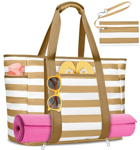 KTUEOV Strandtasche XXL Familie, 45L Wasserdicht Strandtasche mit Reißverschluss 12 Fächer Badetasche Damen Leichte und Faltbares Beach Bag Tote Bag Shopper Damen für Strand Pool Reisen Fitnessstudio