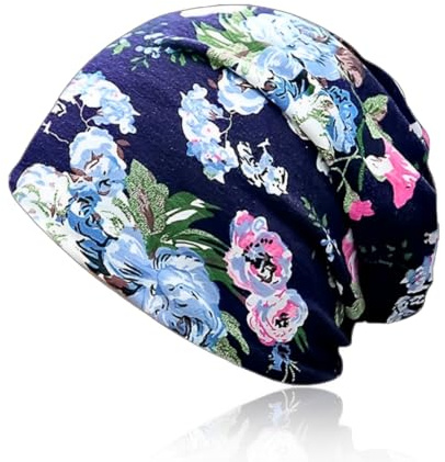 QOZJI Turbante Donna per Chemioterapia - Copricapo Elegante in Cotone Fiore Blu Scuro, Hijab Morbido per Donne, Turbante Comodo e Stiloso