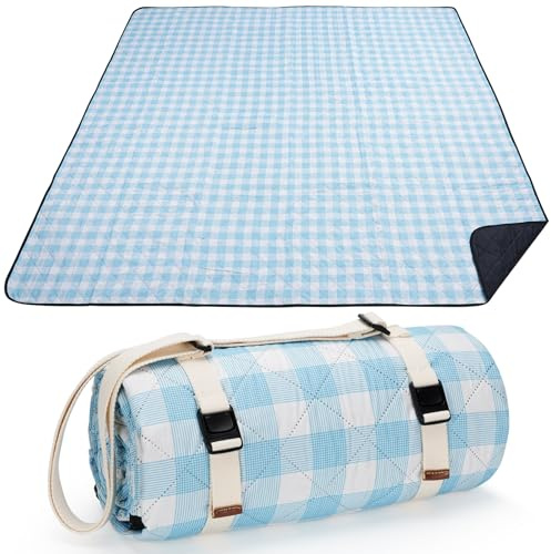 ZORMY Picnic Blanket 200cm x 200cm, Waterproof Outdoor Blankets, Washable Picnic Mat for Beach, Camping with Shoulder Strap - Blue & White