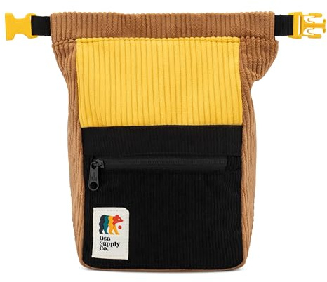 Oso Supply Co - Retro Corduroy Bouldering Bucket, Large Size Freestanding Chalk Bag for Rock Climbing, Magnetic Roll Down Closure, Dual Brush Loops, Zippered Pockets and Pouch (Golden Brown)
