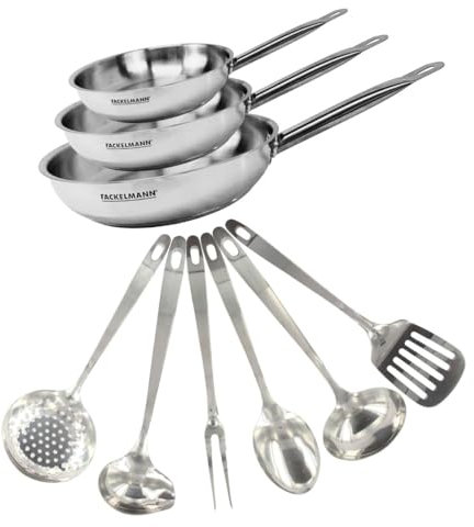Fackelmann 9439850 Set 3 poêles de 20, 24 et 28 cm inox 18/8 et 6 ustensiles inox, Poêle tous feux, Poêle induction, Poêle sans PFAS, Manche riveté, Inox, 20 24 et 28 cm, Gris 18