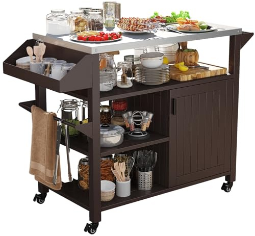 SPOTRAVEL Portable Outdoor Grill Cart, Metal BBQ Trolley Prep Station with Stainless Steel Top, Storage Cabinet, Spice Rack & Shelves, Utility Pizza Oven Table for Picnic Camping Party