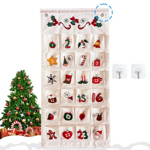 Adventskalender 2025 Selber Zum Befüllen - Adventskalender Stoff mit 24 Tüten Säckchen Taschen Diy Selbst Basteln Wiederverwendbar Weihnachtskalender Füllung zum Aufhängen an Wand oder Tür (mit Haken)
