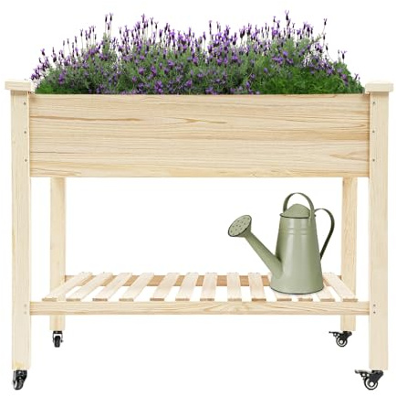 czyuRachel Jardinera de madera con ruedas, 122 x 59 x 81 cm, bancal alto para jardín, bandeja de almacenamiento, bancal para flores, plantas, frutas, verduras