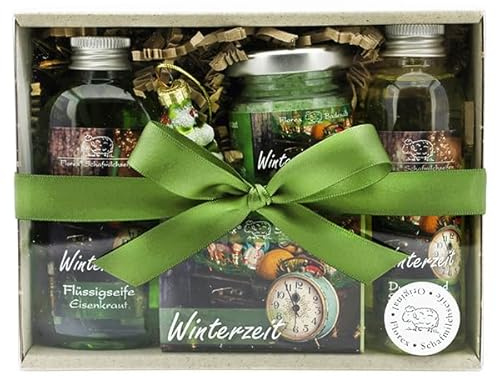 Geschenkset für Weihnachten Pflegeset Weihnachtszeit mit 100g Schafmilchseife, 75ml Flüssigseife, 40g Badesalz und 75ml Duschbad in der Geschenkbox -aus Schafmilch - Duft wählbar (Eisenkraut)