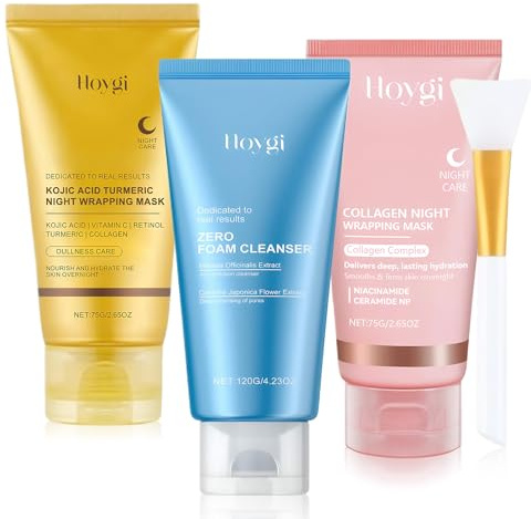 3 Stück Collagen Night Wrapping Mask mit Zero Foam Cleanser und Kurkuma Mask | Collagen Maske Overnight, Peel off Kollagen Maske, Porenminimierung, Reduziert Falten, für Straffe Haut