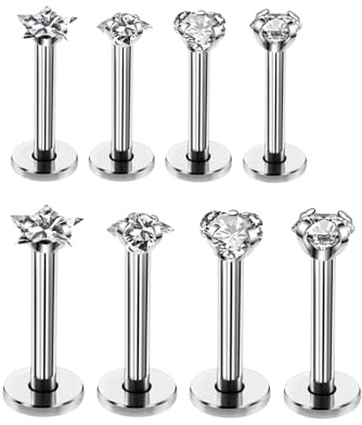 LynixTrade 8PCS Spiral Tragus Piercing Jewellery Forward Helix Internally Threaded Labret Piercing Jewellery Tragus Stud Flat Back Nose Stud with Zircon 8mm