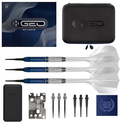 Harrows GEO Parallel 90% Tungsten Softtip Darts Set mit Solo integrierten Flights mit Shafts | 18g & 20g | Inkl. Multitool, 3 Ersatz-Softips, 3 Convertible Steeltips, GEO & Vault Case