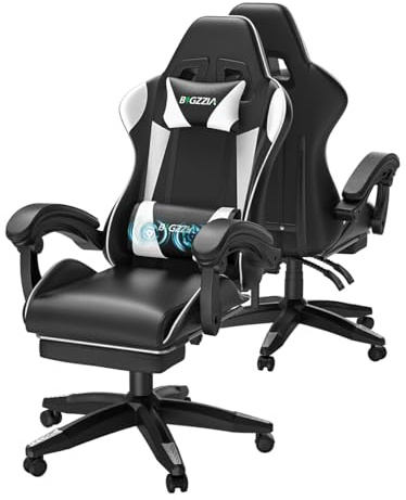 bigzzia Gaming-Stuhl mit Massagefunktion und Ausziehbarer Fußstütze, Ergonomischer Drehsessel Verstellbare Rückenlehne 90-135°, Gepolstert Gamer Stuhl mit Massage-Lendenkissen und Kopfstütze, Weiß