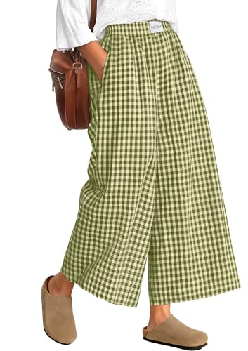Neer Culottes - Pantalones de Gingham de Pierna Ancha, Cintura elástica, Estilo Casual, con Bolsillos