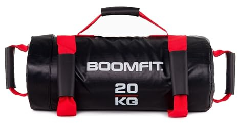 BOOMFIT Power Bag Sandsack 5-20 kg | Sandbag Fitness mit 4 Nylon-Griffen für CrossFit HYROX Strongman | Bulgarian Bag vorgefüllt mit Sand | Gewichtssack 60x23x22 cm Schwarz-Rot