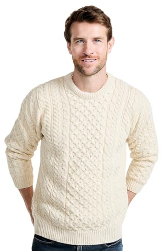 Carraig Donn Jersey de Aran Tradicional irlandés, con Cuello Redondo y Hecho con Lana Merina 100% - -