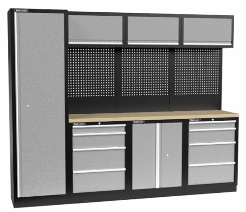 Kraftmeister Werkstatteinrichtung - Männerküche mit 8 Schubladen und 5 Schränken - Werkzeugschrank, Garage - modulares Werkbank mit Holzarbeitsplatte (Multiplex) und Werkzeugwand - Grau